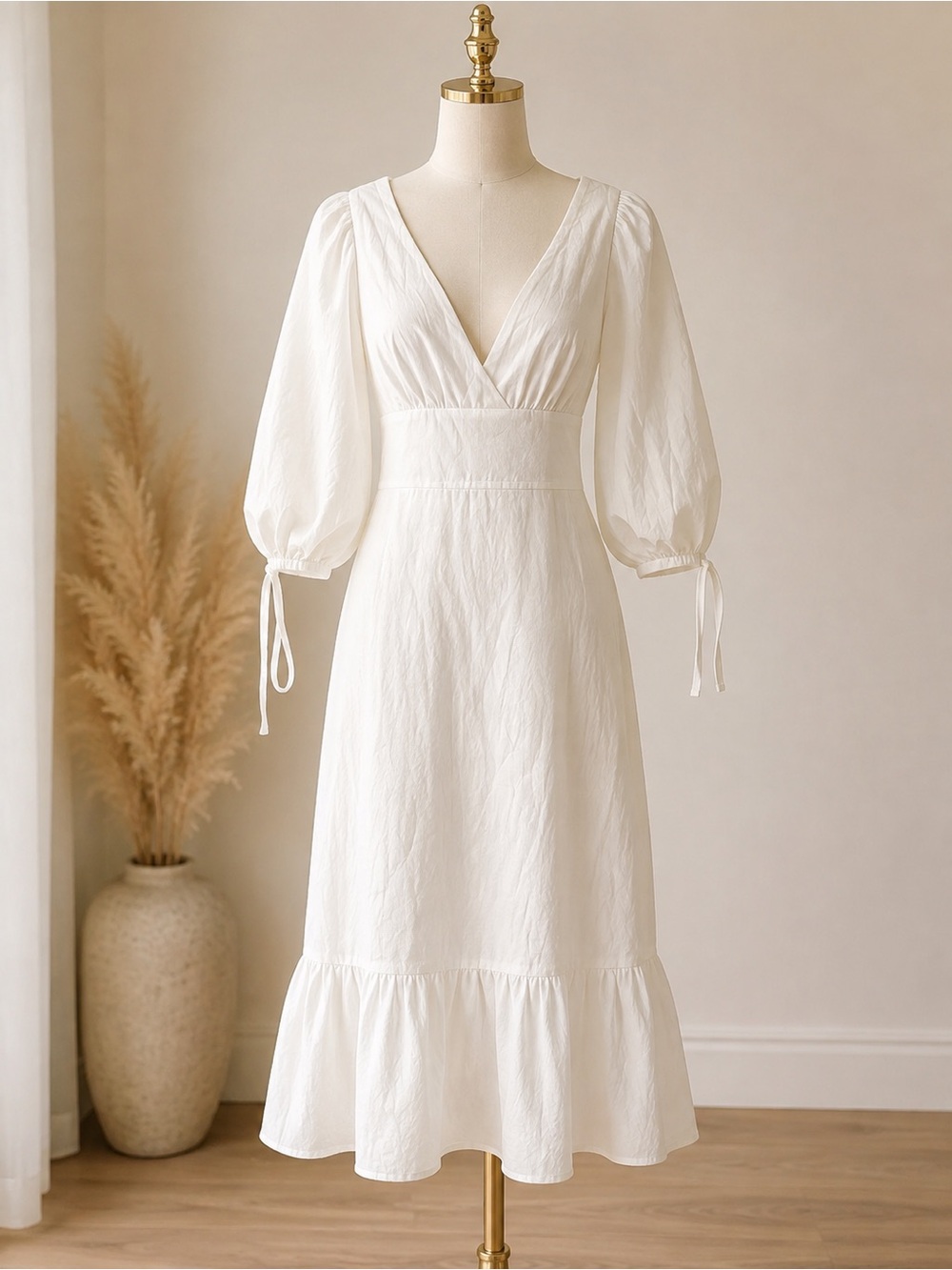 MAJORELLE White V-Neck Puff Sleeve Midi Dress
